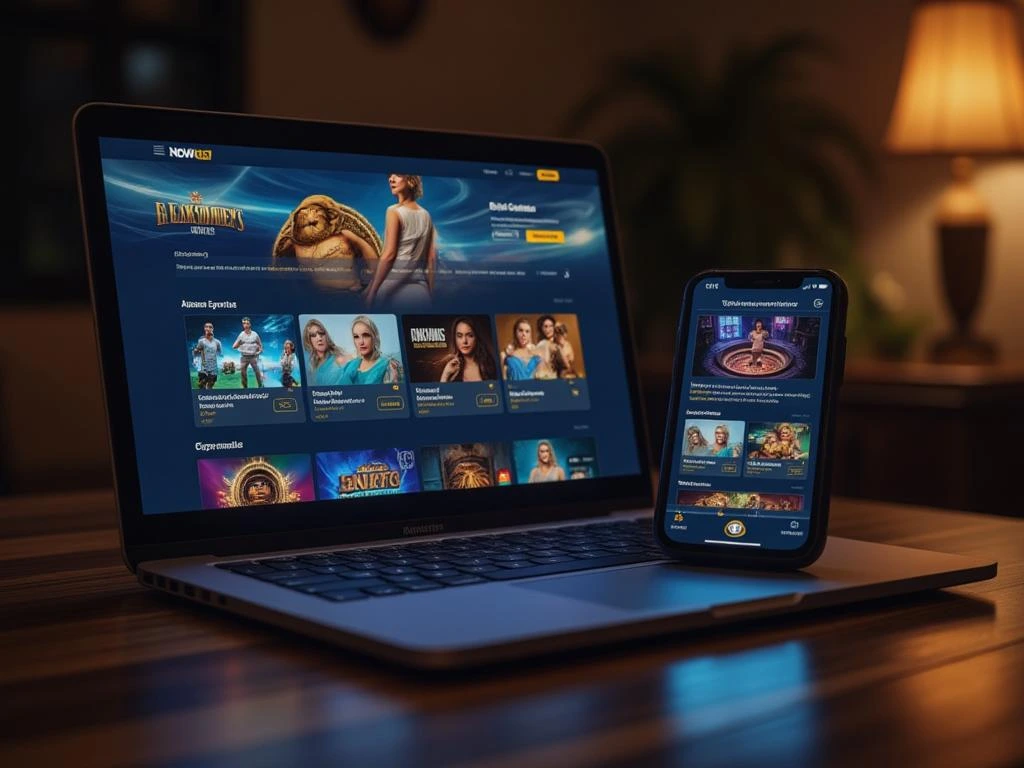 Interface do site Novibet Brasil com apostas esportivas e cassino online, exibida em laptop e celular, destacando bônus e promoções.